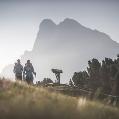 Your 5-star hotel in the Dolomites Two hikers on a mountain trail with trees and mountain silhouette in the background