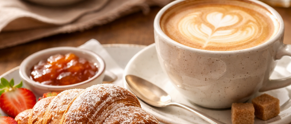 Current news and stories from Olang Croissant with butter, jam, strawberries, and cappuccino on wooden table