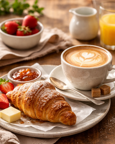 Our current catalogue for downloading Croissant with butter, jam, strawberries, and cappuccino on wooden table
