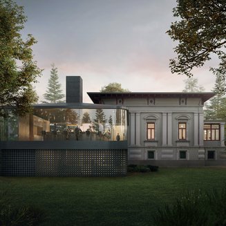 Atelier Moessmer Norbert Niederkofler Modern glass building with people beside historic house in garden