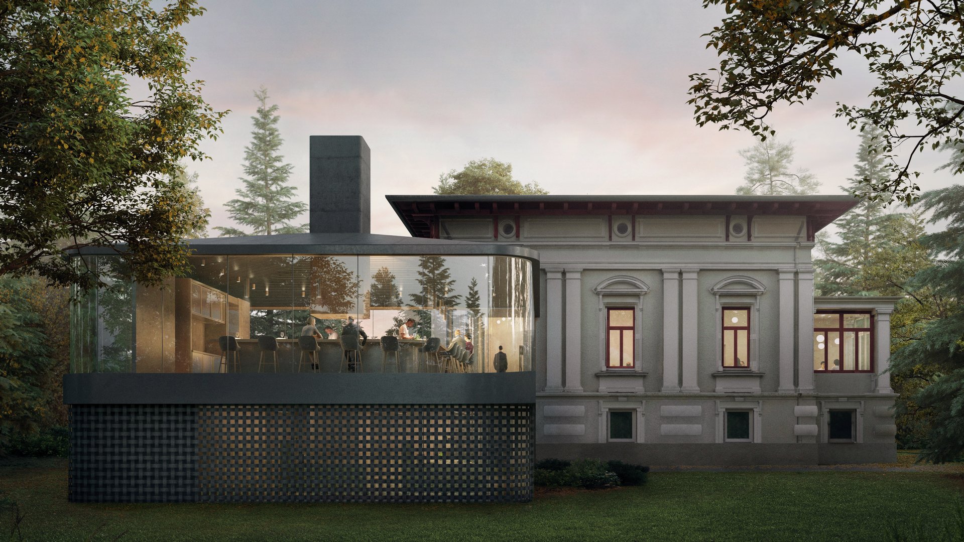 Atelier Moessmer Norbert Niederkofler Modern glass building with people beside historic house in garden