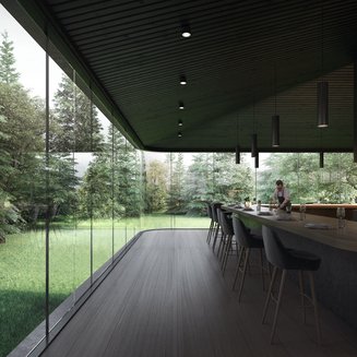 Atelier Moessmer Norbert Niederkofler Modern bar with large glass windows overlooking forest
