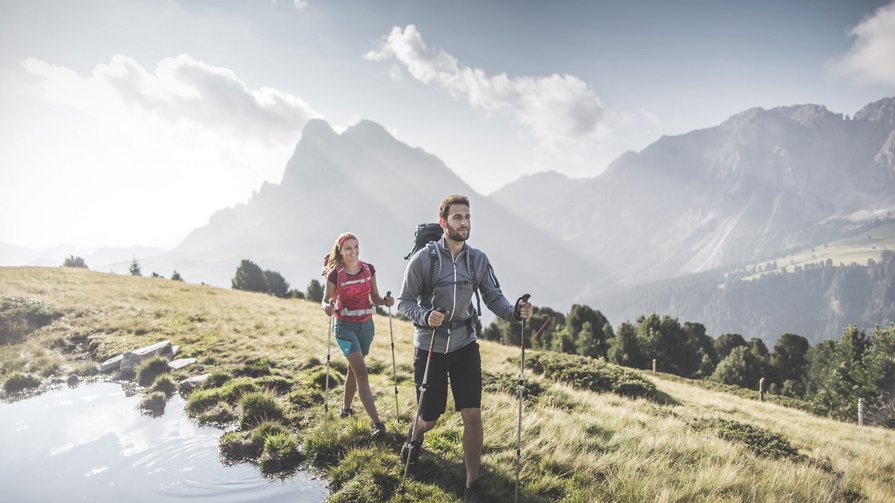 Vacanze in Alto Adige in estate: indimenticabili Due escursionisti con zaini e bastoncini su prato di montagna al sole